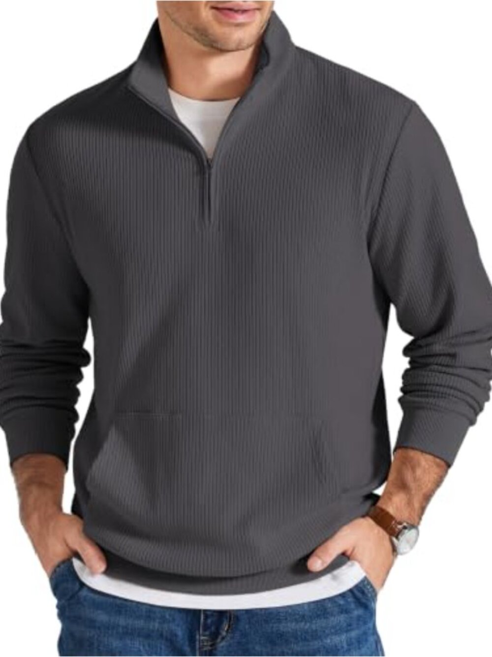 Men's Corduroy Quarter Zip Mock Neck Sweatshirt Pullover Long Sleeve